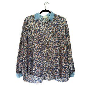 Vintage Khaki Rose Womens Floral Print Button-Up Shirt 1X Cotton Denim Collar